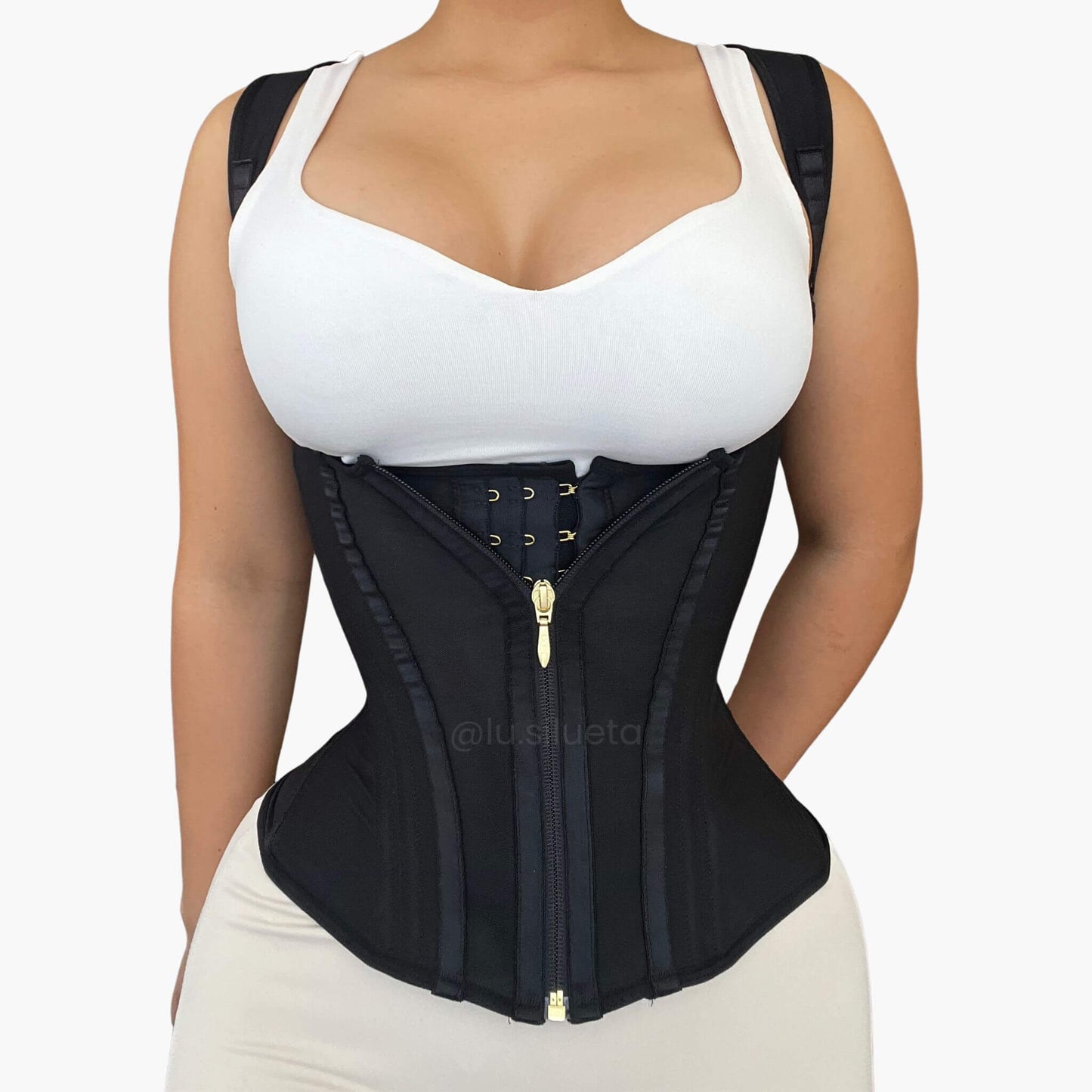 Chaleco moldeador efecto reloj de arena diseño premium color negro faja colombiana